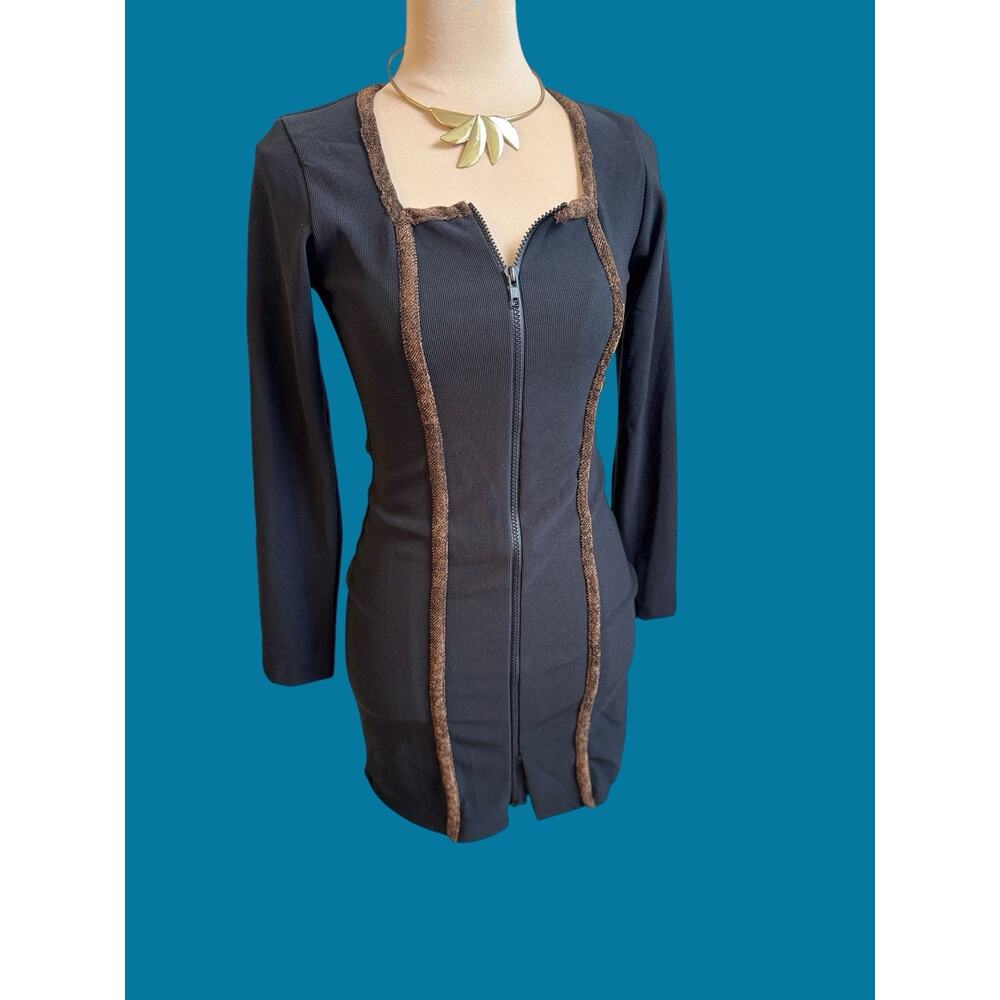 Vintage 90s Body Language Black Mini Dress M Zip Front Brown Trim Y2K Goth USA - Picture 2 of 8